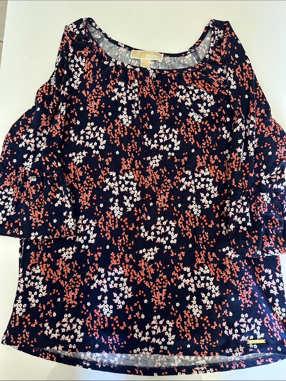 Michael Kors Navy Floral Cold-Shoulder Top with Coral & White Print